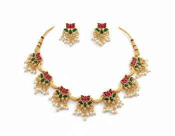 Traditional gold-plated lotus Necklace :: set with pearls for women     ethnic wedding & festive jewelry 1