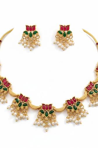 Traditional gold-plated lotus necklace set with pearls for women – ethnic wedding & festive jewelry