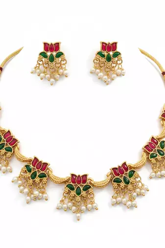 Traditional gold-plated lotus necklace set with pearls for women – ethnic wedding & festive jewelry
