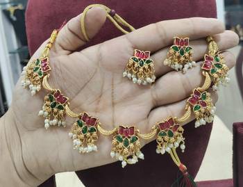 Traditional gold-plated lotus Necklace :: set with pearls for women     ethnic wedding & festive jewelry 2