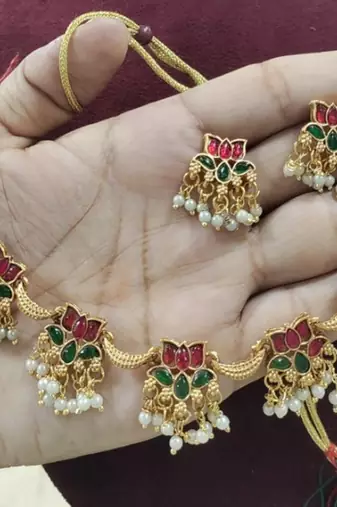 Traditional gold-plated lotus Necklace :: set with pearls for women     ethnic wedding & festive jewelry