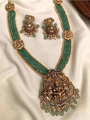 Antique gold-plated lakshmi long haram set with green beads & jhumkas     traditional temple jewelry 1