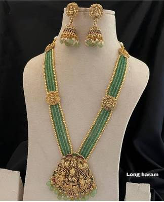 Antique gold-plated lakshmi long haram set with green beads & jhumkas     traditional temple jewelry 2