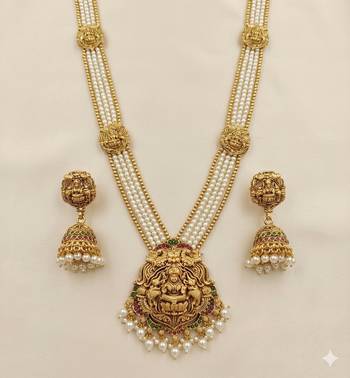 Antique gold-plated lakshmi long haram set with white beads & jhumkas     traditional temple jewelry 1