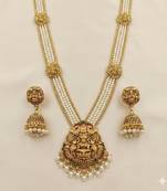 Antique gold-plated lakshmi long haram set with white beads & jhumkas – traditional temple jewelry