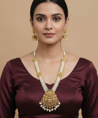 Antique gold-plated lakshmi long haram set with white beads & jhumkas     traditional temple jewelry 2