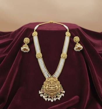 Antique gold-plated lakshmi long haram set with white beads & jhumkas     traditional temple jewelry 3