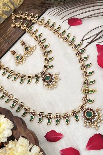 Traditional gold-plated green stone long haram necklace set for women & brides
