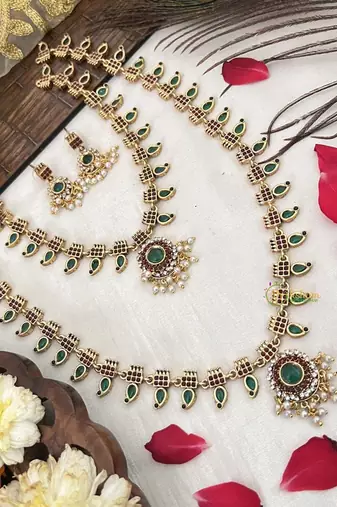 Traditional gold-plated green stone long haram necklace set for women & brides