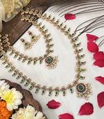 Traditional gold-plated green stone long haram necklace set for women & brides