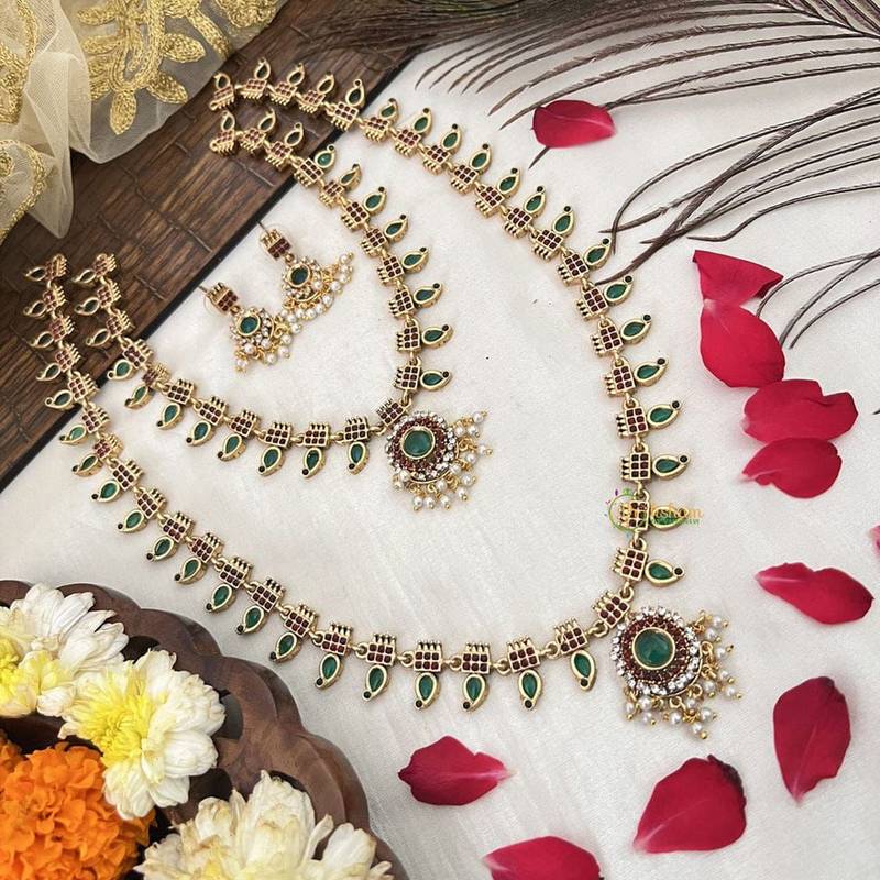 Traditional gold-plated green stone long haram necklace set for women & brides