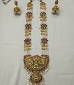 Traditional lakshmi temple long haram necklace set for women | gold-plated pearl, ruby & green stone bridal jewellery