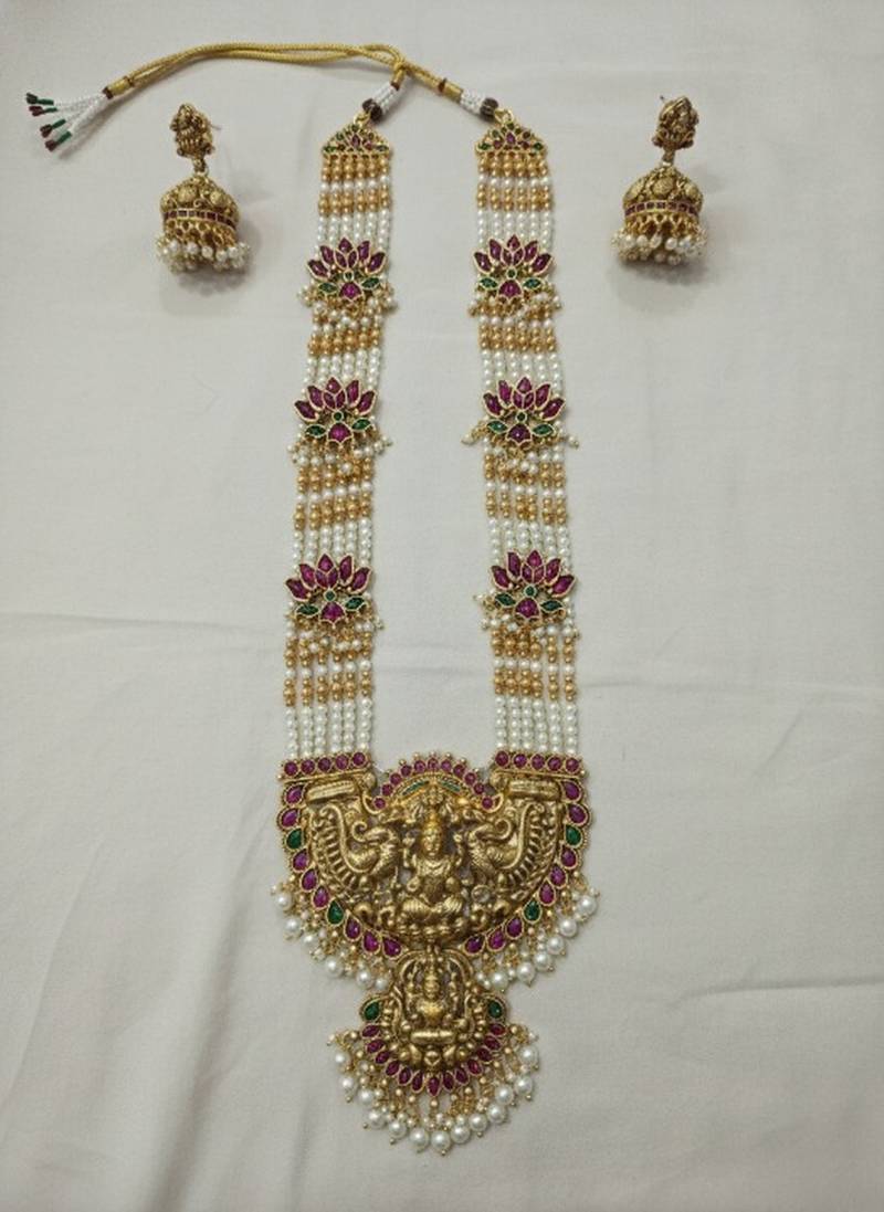 Traditional lakshmi temple long haram necklace set for women | gold-plated pearl, ruby & green stone bridal jewellery