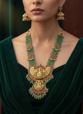 Traditional lakshmi temple long haram Necklace :: set for women | gold-plated pearl, ruby & green stone bridal jewellery 1