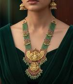 Traditional lakshmi temple long haram necklace set for women | gold-plated pearl, ruby & green stone bridal jewellery