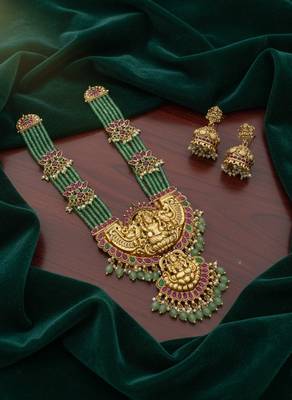 Traditional lakshmi temple long haram Necklace :: set for women | gold-plated pearl, ruby & green stone bridal jewellery 2