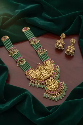 Traditional lakshmi temple long haram Necklace :: set for women | gold-plated pearl, ruby & green stone bridal jewellery