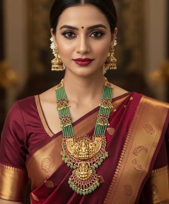 Traditional lakshmi temple long haram Necklace :: set for women | gold-plated pearl, ruby & green stone bridal jewellery 3