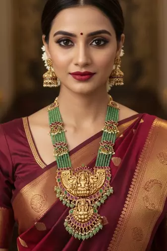 Traditional lakshmi temple long haram Necklace :: set for women | gold-plated pearl, ruby & green stone bridal jewellery