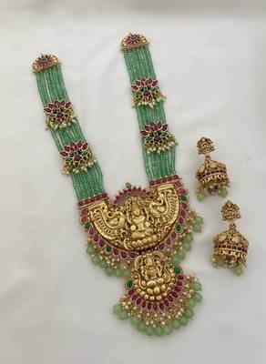 Traditional lakshmi temple long haram Necklace :: set for women | gold-plated pearl, ruby & green stone bridal jewellery 4
