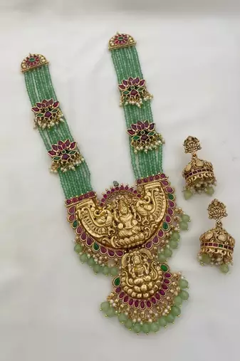 Traditional lakshmi temple long haram Necklace :: set for women | gold-plated pearl, ruby & green stone bridal jewellery