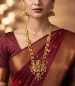 Antique gold-plated lakshmi temple long necklace set with jhumka earrings for women