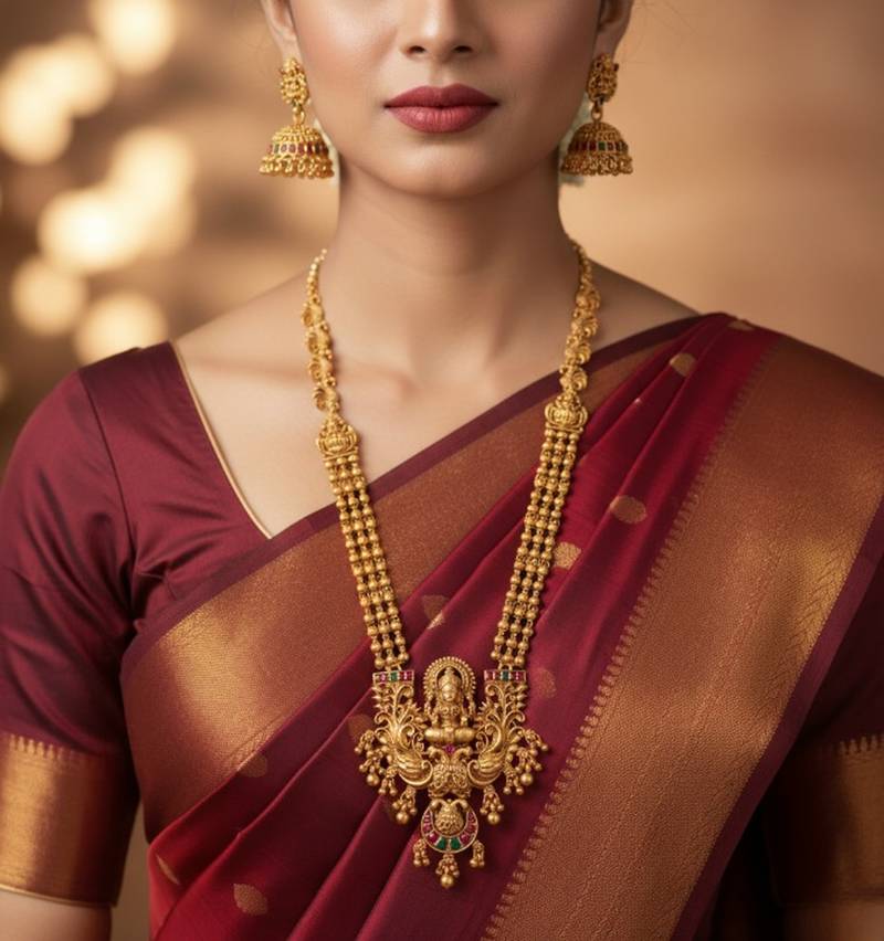 Antique gold-plated lakshmi temple long necklace set with jhumka earrings for women