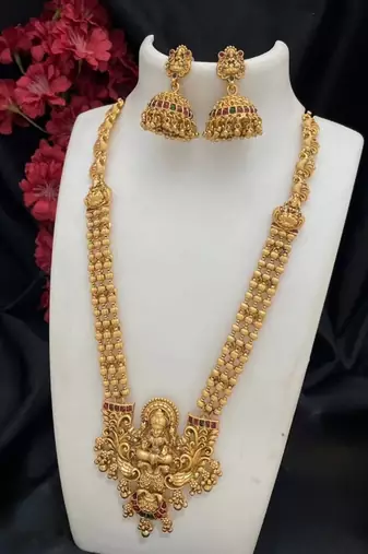 Antique gold-plated lakshmi temple long Necklace :: set with jhumka earrings for women