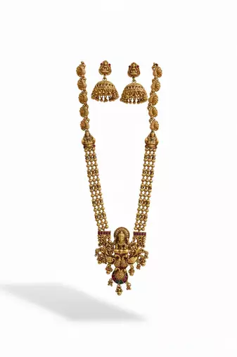 Antique gold-plated lakshmi temple long Necklace :: set with jhumka earrings for women