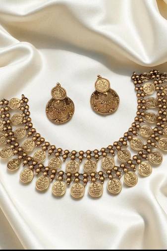 Antique gold-plated coin necklace set for women | traditional temple jewelry choker with earrings