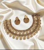 Antique gold-plated coin necklace set for women | traditional temple jewelry choker with earrings