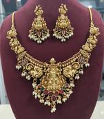 Antique gold-plated lakshmi temple necklace set with pearls & ruby green stones for women