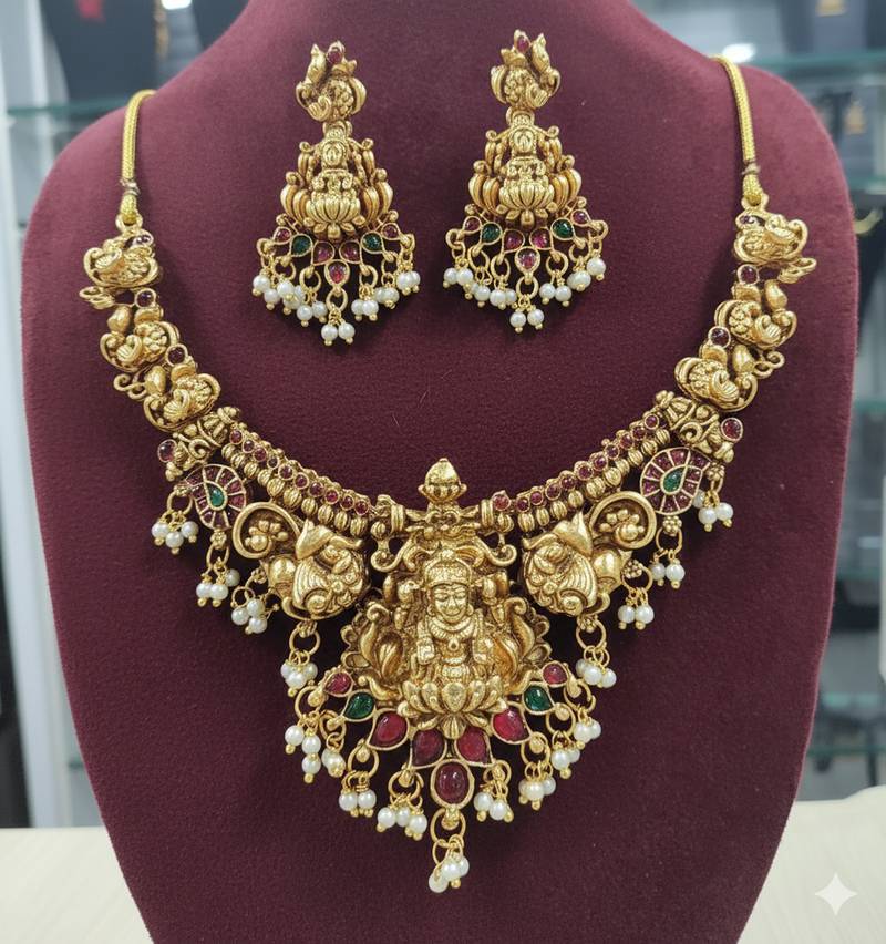 Antique gold-plated lakshmi temple necklace set with pearls & ruby green stones for women