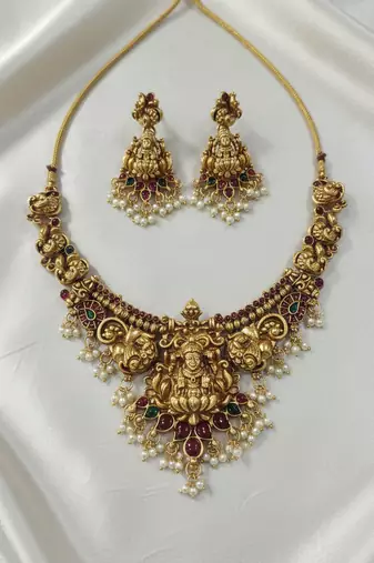 Antique gold-plated lakshmi temple Necklace :: set with pearls & ruby green stones for women
