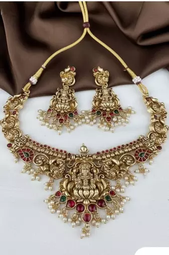 Antique gold-plated lakshmi temple Necklace :: set with pearls & ruby green stones for women