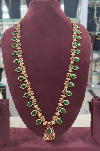 Antique gold-plated lakshmi temple necklace set with pearls & green stones for women