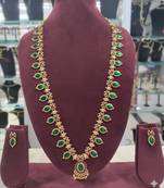 Antique gold-plated lakshmi temple necklace set with pearls & green stones for women