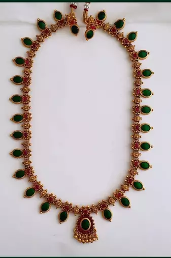 Antique gold-plated lakshmi temple Necklace :: set with pearls & green stones for women