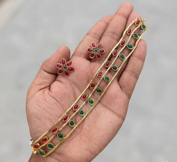 Elegant gold-plated ruby & emerald choker with floral stud earrings | traditional ethnic jewelry set 1