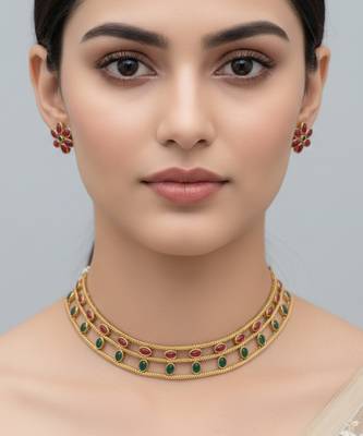 Elegant gold-plated ruby & emerald choker with floral stud earrings | traditional ethnic jewelry set 2