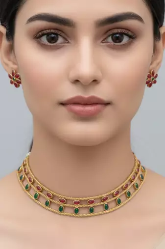 Elegant gold-plated ruby & emerald choker with floral stud earrings | traditional ethnic jewelry set