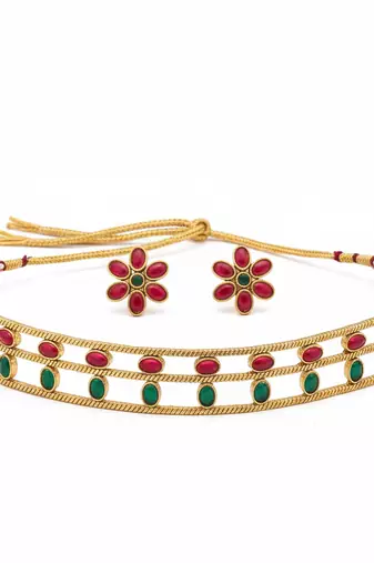 Elegant gold-plated ruby & emerald choker with floral stud earrings | traditional ethnic jewelry set