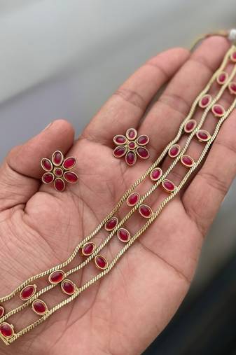 Elegant gold-plated ruby choker with floral stud earrings | traditional ethnic jewelry set