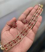 Elegant gold-plated ruby choker with floral stud earrings | traditional ethnic jewelry set