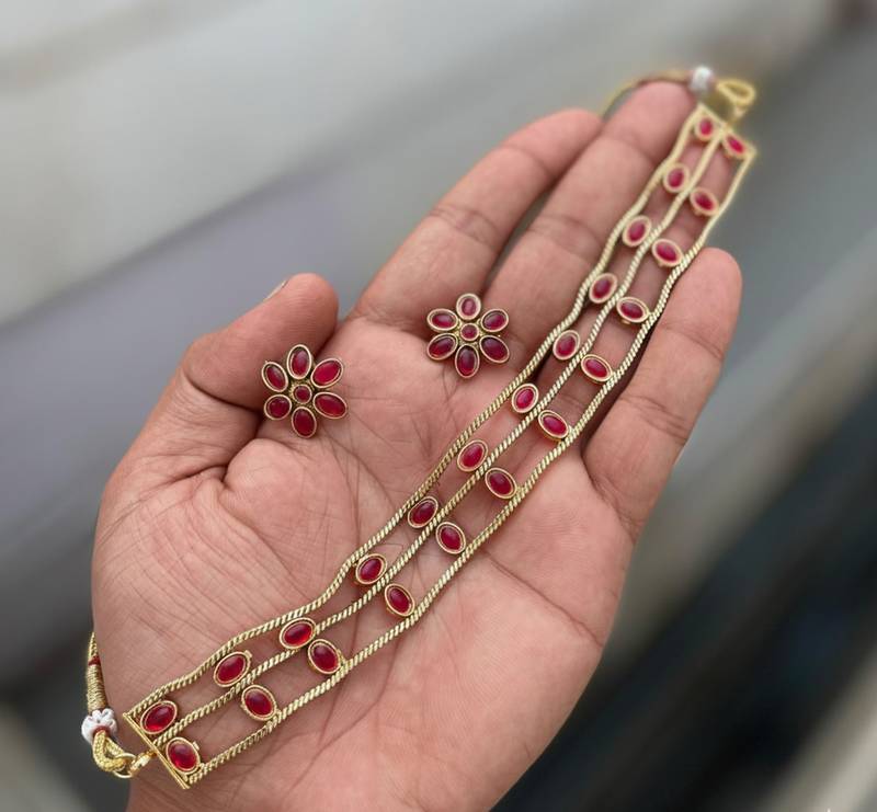 Elegant gold-plated ruby choker with floral stud earrings | traditional ethnic jewelry set