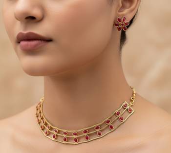 Elegant gold-plated ruby choker with floral stud earrings | traditional ethnic jewelry set 2