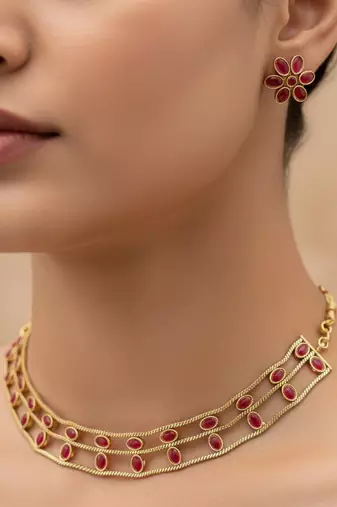 Elegant gold-plated ruby choker with floral stud earrings | traditional ethnic jewelry set