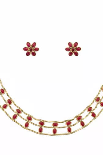 Elegant gold-plated ruby choker with floral stud earrings | traditional ethnic jewelry set