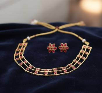 Elegant gold-plated ruby choker with floral stud earrings | traditional ethnic jewelry set 4
