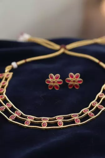Elegant gold-plated ruby choker with floral stud earrings | traditional ethnic jewelry set